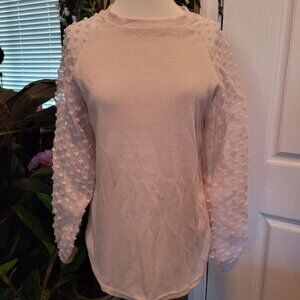 New Pink Waffle Top Small Textured Floral Embellished Long Sleeve Fall